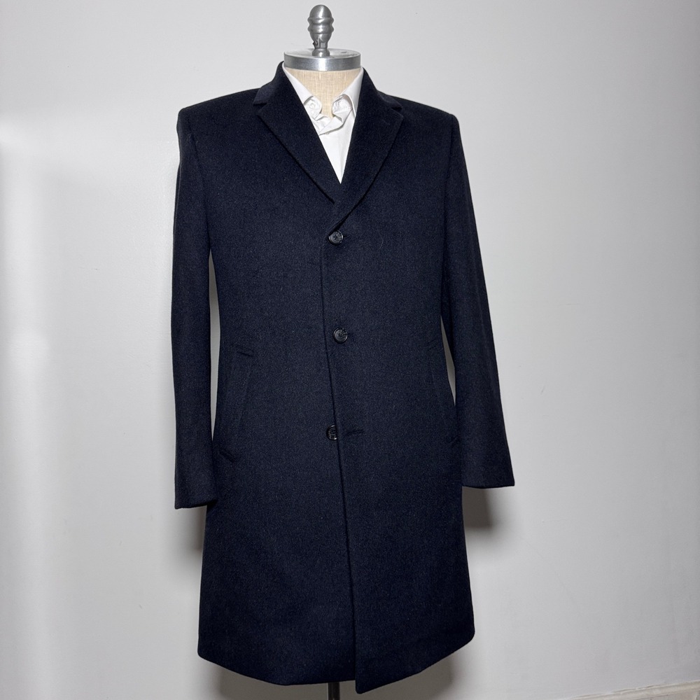 Jos A Bank Overcoat Mens 42L Black Solid Wool Blend Top Coat Long Jacket